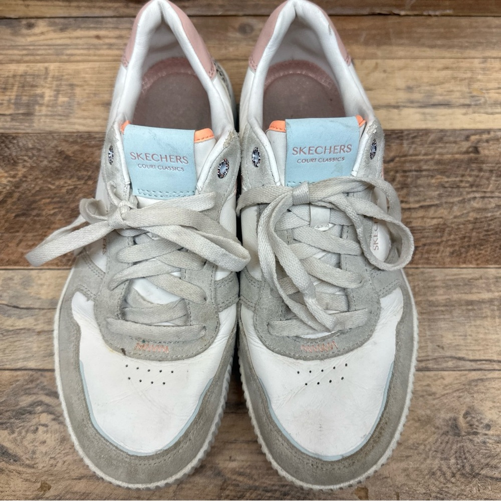 Skechers Women’s Court Classics Sneakers in White, Light Gray & Pastel Blue